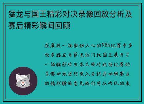 猛龙与国王精彩对决录像回放分析及赛后精彩瞬间回顾